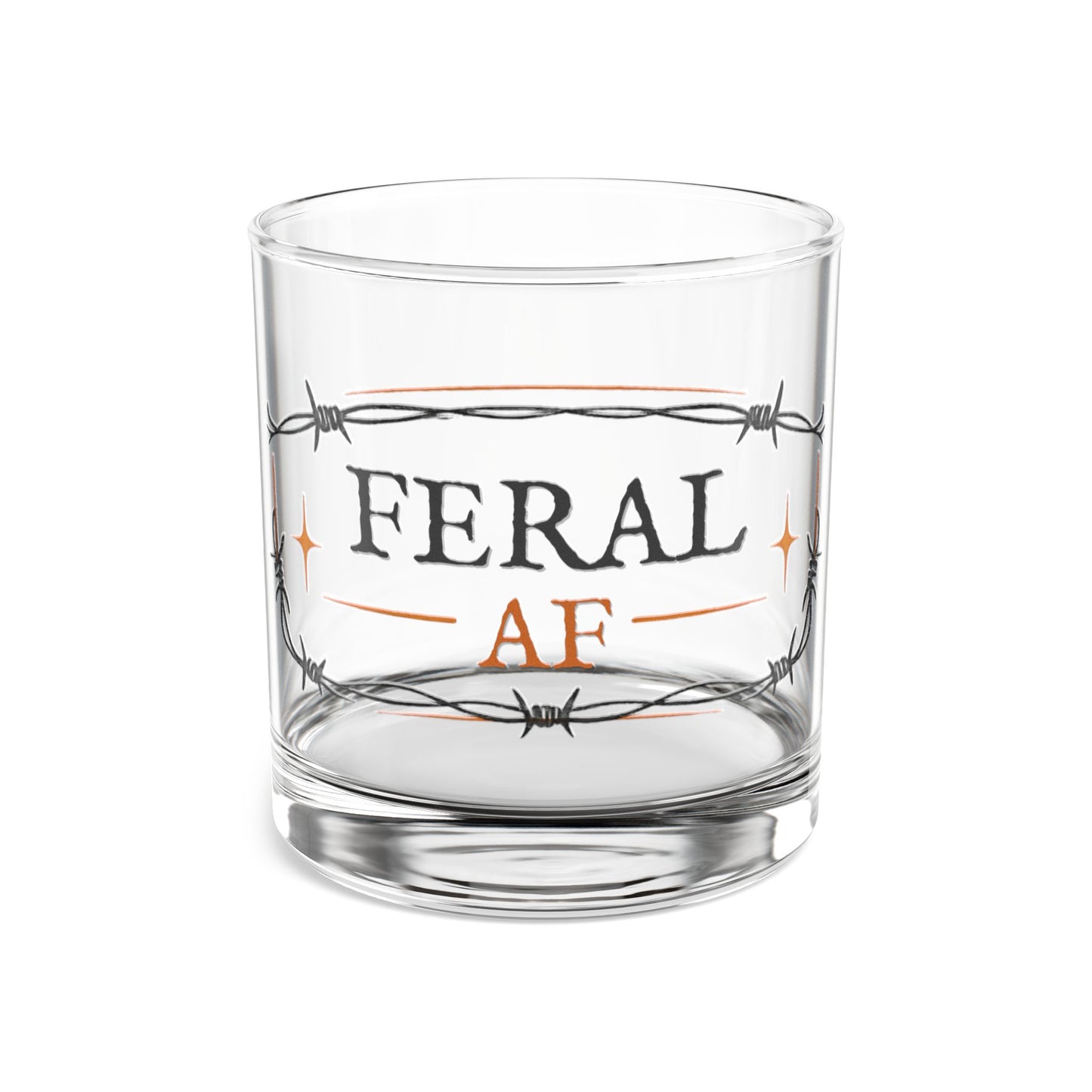 Rocks Glass – “FERAL AF” Barbed Wire Whiskey Glass, 10 oz