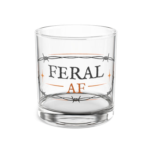 Rocks Glass – “FERAL AF” Barbed Wire Whiskey Glass, 10 oz