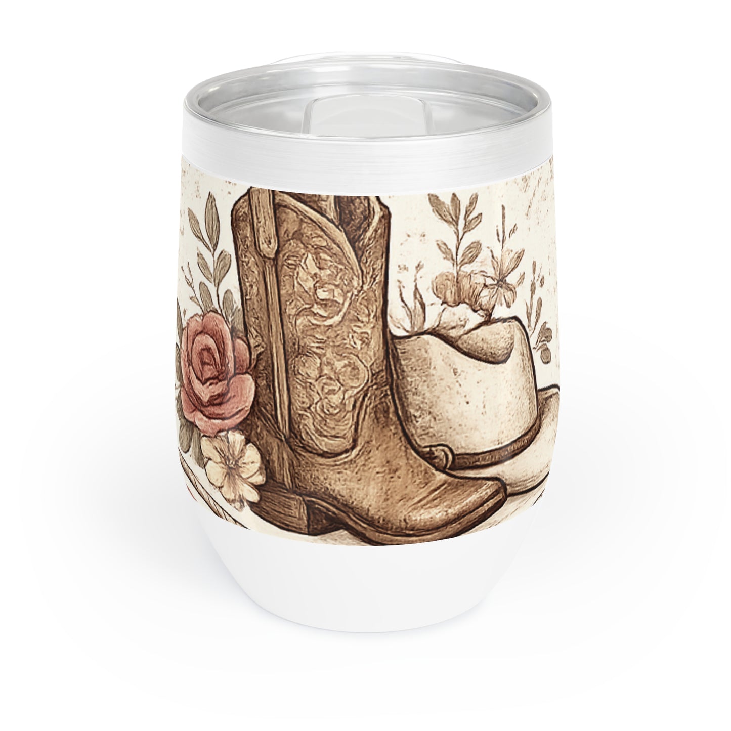 Feminie Western Chill Wine Tumbler with Boots, Hat and Rose detail