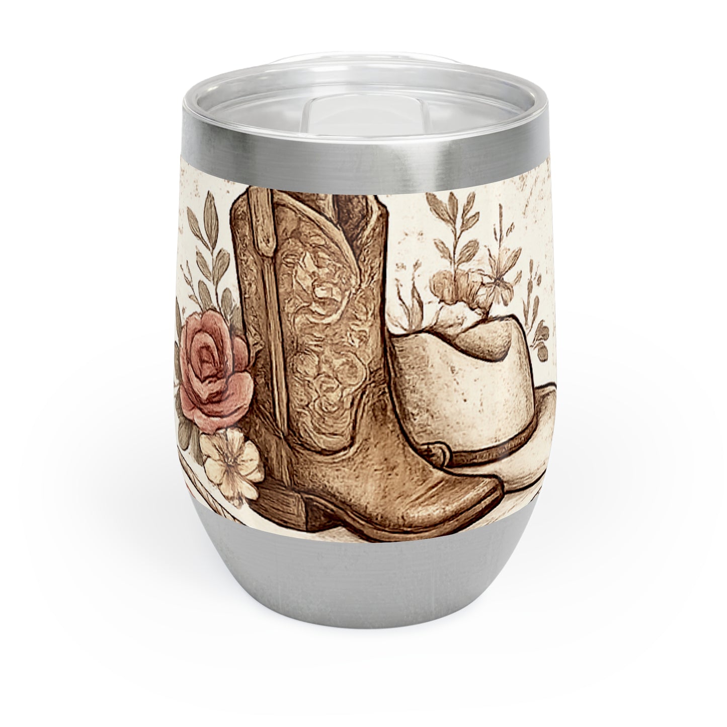 Feminie Western Chill Wine Tumbler with Boots, Hat and Rose detail